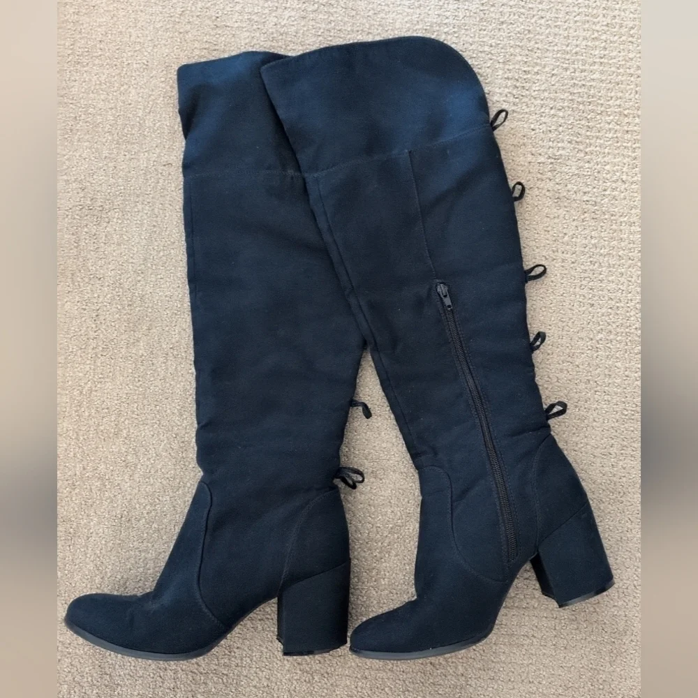 Charming Charlie Tall Heeled Bow Detail Navy Suede Boots